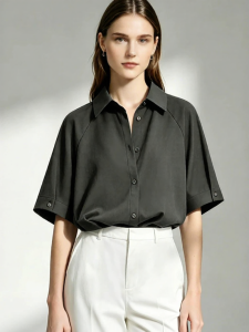 AMII | Summer New Simple Style Turn-Down Collar Insert Sleeve Shell Button Short Sleeve Shirt Loose