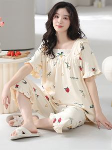MiiOW | French Style Pure Cotton Short Sleeve Seven-Piece Pants Sweet Elegant Summer Home Clothes Set For Ladies Catman Sleepwear