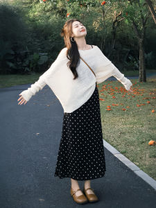 XUECAIQI | Spring Summer Gentle See-Through Off-Shoulder UV Protection Knitted Sweater Polka Dot Skirt Set