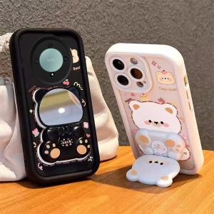 New Phone Case Honor X9b X9a X8b X7b X6b X9 X8 X7 X6 X5b X5 Plus 4G 5G Hot Cartoon Fashion Trendy Anti-shock Soft Casing with Cute Bear Mirror 360° Rotation Bracket 2025