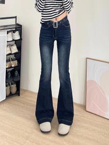 Quần Jeans Denim Xanh Đậm Cạp Lửng Kiểu Dáng Loe Dài Cho Nữ Quần Jeans Denim Cạp Thấp Kiểu Dáng Loe Kiểu Dáng Mỏng