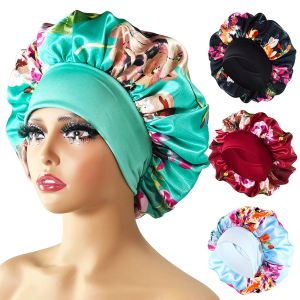 Hair Cap Silk Satin Bonnet Large Sleeping Satin Bonnet Flower Print Elastic Band High Density Women Braids Curly Night Hat