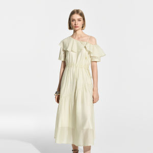 BEIQIANI | Clean Fit Lyocell Ruffled Asymmetrical Off-shoulder Puff Sleeve Dress