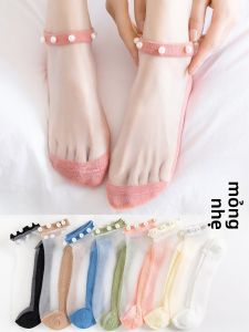 JINGCHI | Tất lưới ren ngọc trai mỏng mùa hè cho nữ Tất lưới thoáng khí thời trang phong cách ngọt ngào bằng cotton polyester polyurethane