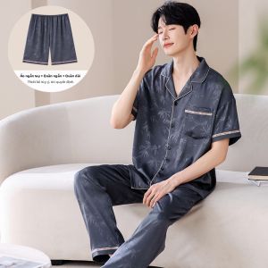MiiOW | Bộ đồ ngủ nam Ice Silk mùa hè 2025 Áo sơ mi tay ngắn quần dài ba mảnh có thể mặc ngoài trời Quần áo mặc nhà thoáng khí thoải mái