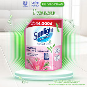 Nước lau sàn Sunlight Hoa Lily & Bạch Trà Túi 3.6kg | Tinh dầu Thảo mộc 100% | Hương thơm tinh tế