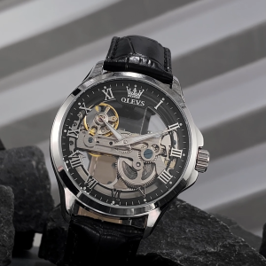 OLEVS Jam Tangan Automatic Pria Original Anti Air Kulit Tahan Keren Led Hitam Biru Putih Luxury Men Watch Cod