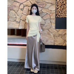 YUEZHONGWEI | Yellow Ice Silk Knitted Short Sleeve T-Shirt Womens Summer Slim Fit Stylish Round Neck Top Korean Style Commute Fashion