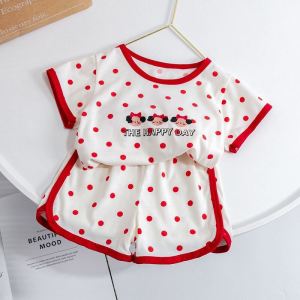 Girls Summer Casual Outfit Cartoon Polka Dot Print T-Shirt Pants Two-Piece Set Childrens Clothing Cotton round Neck Short Sleeve