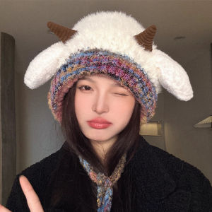 Lông cừu dễ thương tai mũ dệt kim cho phụ nữ mùa đông bảo vệ tai ấm áp Mũ Beanie trùm đầu che Mũ Mũ Balaclava