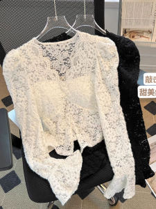 Slim Fit Long Sleeve V-Neck Lace Shirt Womens Autumn Fashion 2024 New Style Base Layer Hook Flower Top Korean Style Commute