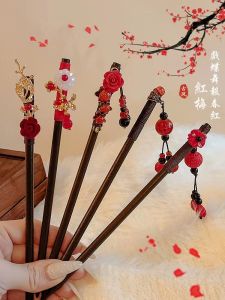 เครื่องประดับผมแบบจีนโบราณสำหรับผู้หญิง ทรงเรขาคณิตสีแดง ทรงเรขาคณิตแบบเรียบง่าย สำหรับผมด้านหลังศีรษะ