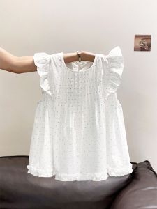 LUOSHAO | Dot Patterned Peter Pan Collar Puff Sleeves Flounced Slimming Shirt