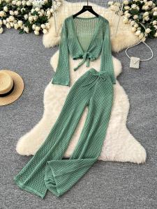 ชุดกางเกงชายหาดสำหรับผู้หญิง ชุดกันหนาวแขนยาว ชุดกางเกงขายาวเอวสูง ดีไซน์รัดรูป ชุดแฟชั่นสำหรับวัยรุ่น ฤดูใบไม้ผลิ 2025