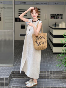 French Lazy Style Cotton Linen Sleeveless Womens Dress Summer New Loose Casual Vest Dress High Waist A-Line Long Skirt