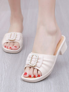 Womens Slippers Fashion Outwear Summer New Arrival Chunky Heel Plastic Non Slip Mid Heel Slippers Ladieswear Womens Easiest for Match Word