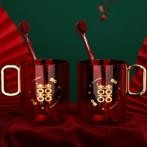 Wedding Couple Grooming Set Double Happiness Washing Cup Practical Decoration Gifts for Bridesmaids And Groomsmen Red Plastic