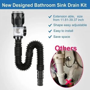 Stainless Steel Basin Drain Pipe Set Odor Proof Wall Mount Drainage for Kitchen Bathroom Sink with Strainer Basket Accessories 