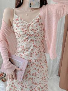 Romantic Sweet Floral Print Gentlewoman Summer Dress French Style Two-Piece Set Slimming Freshness Strapless Gown by BOIVCN