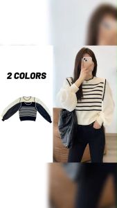 🚩Sale80%🚩เสื้อไหมพรมแขนกุดลายริ้วเย็บติดแขนยาวผ้าบางเบา 2 สี