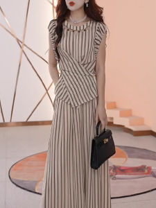 Shalldoer | Fashionable Striped Set Womens Casual High Quality Slimming Two-Piece Suit Summer New Arrival Elegant Mommy Clothes Polyester Fiber