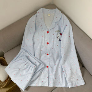 M-5XL Loose Nightwear Woman Fall Two Piece Lounge Set Plus Size Polka Dot Sleepwear Cozy and Breathable Fabric Pajama Set