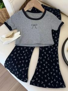 Korean Style Fashionable Short Sleeve Bell Bottom Pants Set