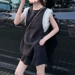 Shalldoer | Lace Splicing Sleeveless Vest Shorts Two-Piece Set Womens Summer Fashion High-End Feelings Ladies Ensemble Round Neck Design