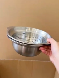 Double-ear Stainless Steel Drain Basket Basin Set Thickened Home Kitchen Rice Washing Sieve Vegetable Washing Basin Drain Basin Soup Basin