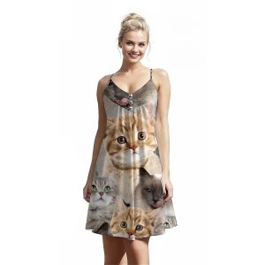 Jumeast Cute Cat Pattern Women Fashion Button Sling Dress Animal 3D Printed Beach Elegant Skirt Tropical Style Hawaiian Casual Clothing