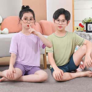 Childrens Modal Short Sleeve Home Clothes Set Thin Summer Sleepwear for Boys And Girls Teenage Students Air Conditioned Suit