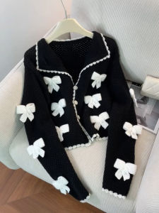 QINGNAER | Stylish Bow Knit Cardigan Black
