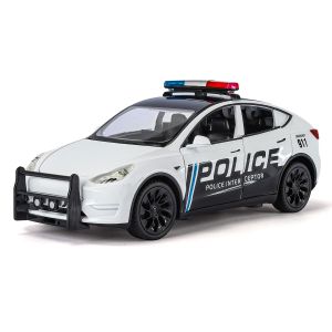 1:24 Scale Tesla Model Y Police Alloy Car Model Diecast Car Sound Light Car Lovers Collection Kids Birthday Gift Metal Boys Toys