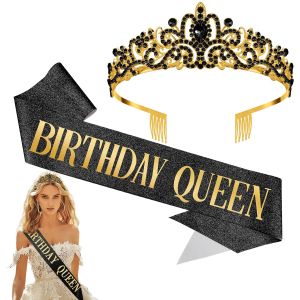 2pcs/set Bling Rhinestone Crystal Crown Tiara Birthday Girl Queen Sash Crown for Women Girl Birthday Party Decoration Kit