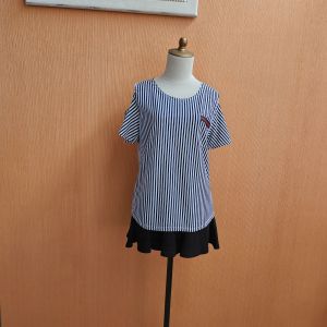 atasan kaos wanita putih motif salur hitam BEVERLY cewek M L lengan pendek santai