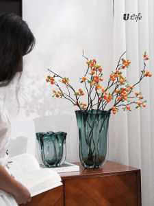 Modern Luxury Green Glass Flower Vase Decorative Piece Simple Living Room Dining Table Sample Room Hydroponic Flower Pot Soft Decoration