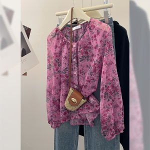 PAIBOLI | Áo sơ mi voan tay dài mùa hè 2025 thời trang hoa phong cách Hàn Quốc rộng rãi cổ tròn mỏng chống nắng cho nữ