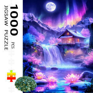1000pcs Adult Fantasy Landscape Jigsaw Puzzle - Northern Lights Mountain Waterfall Cabin Scene with Purple Pink & Blue Tones