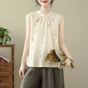 Elegant Embroidered Flax Sleeveless Vest Womens Summer Slimming Outerwear Cotton Linen Base Shirt Top Inner Match