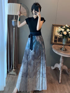 Retro Chinese Style Slim Fit Black Top High Waist Watercolor Horse Tailed Skirt Two Piece Set Elegant Dress Summer Fashion