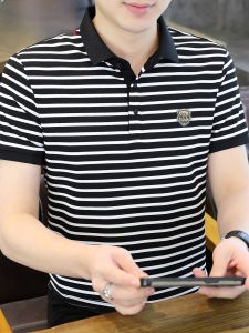 HENGYUANXIANG | Hengyuanxiang Mens Polo Shirt Ice Silk Cool Feeling Casual Short Sleeve Striped Pattern Turn-down Collar Summer Fashion Urban Wear