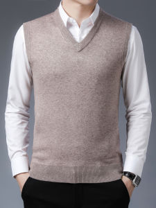 Thickened Woolen Knitted Chinese Style Vest Mens Autumn Winter Casual V-Neck Pure Color Commuting Sweater J&FO Standard Fit