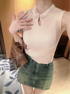 Pink New Chinese Style Stand Collar Sleeveless T-Shirt Women Summer Wear Waist Cinched Crop Top Outerwear Knitted Short Length