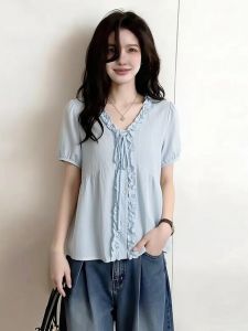AIYITI | Cute Ear Detail V Neck Short Sleeve Concealing Tunic