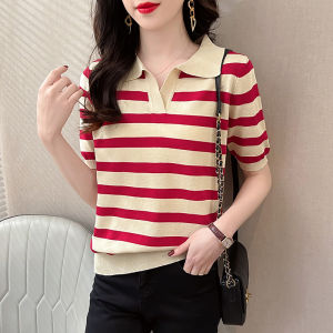 LUCKIN STORE Womens Polo Stripe T-Shirt Womens Contrast Short Sleeve T-shirt Top 2025 Summer New Blouse