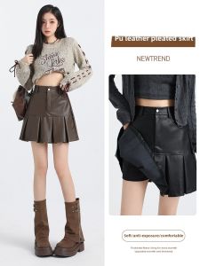 High Waist A-Line Mini Skirt Womens Black Pleated Leather Skirt Fall Winter Brown Coffee Color Short Skirt Bodycon Skirt