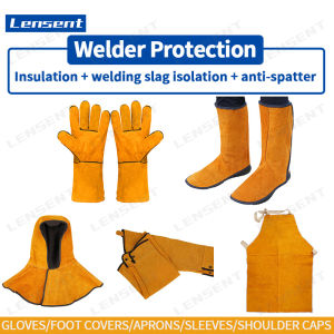 Lensent Cowhide Full Leather Welder Heat Insulation Gloves Foot Covers Aprons Sleeves Wear-resistant and Slip-resistant Labor Protection Anti-scalding Welding Gloves Shoulder Caps