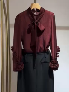 French Knot Beautiful Long Sleeve Womens Shirt Fashionable Elegant Style Commute Straight Tube Silk Top Elegant Fashionable