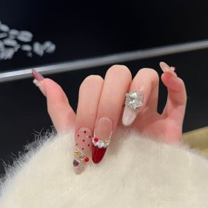 10 Bộ Móng Tay Giả Giáng Sinh Kiểu Mắt Mèo Pháp Đính Đá Pha Lê Hình Bông Tuyết Lấp Lánh Dán Liền Dùng Cho Tiệc Giáng Sinh