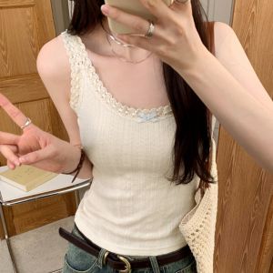 Áo Ba Lỗ Ren Ngọt Ngào Cay Nồng Phong Cách Hàn Quốc Mùa Hè Cho Nữ Áo Ba Lỗ Không Tay Thắt Nút Bướm Ôm Vừa Vặn